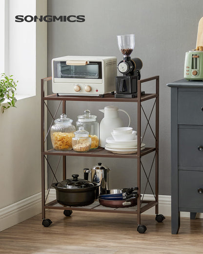 SONGMICS 3-Tier Metal Storage Rack with Wheels, Mesh Shelving Unit with X Side Frames, 23.6-Inch