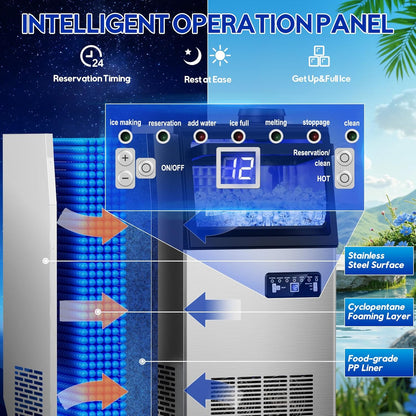 Commercial Ice Maker Machine, 110Lbs/24H, 30Lbs Storage, 36Pcs Clear Ice Cubes in 10-15Mins, Stainless Steel Under Counter or Freestanding Ice Machine - 2 Water Inlet Modes, for Home Party Office