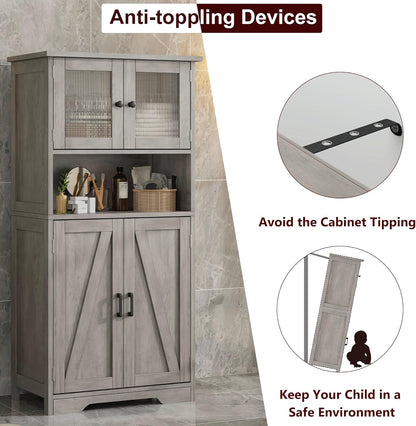 GarveeHome 54in Tall Bathroom Cabinet, Farmhouse Storage Cabinet with Glass Doors and Adjustable Shelves, Freestanding Kitchen Pantry Cabinets, Cupboard for Living Room, Dining Room, Gray