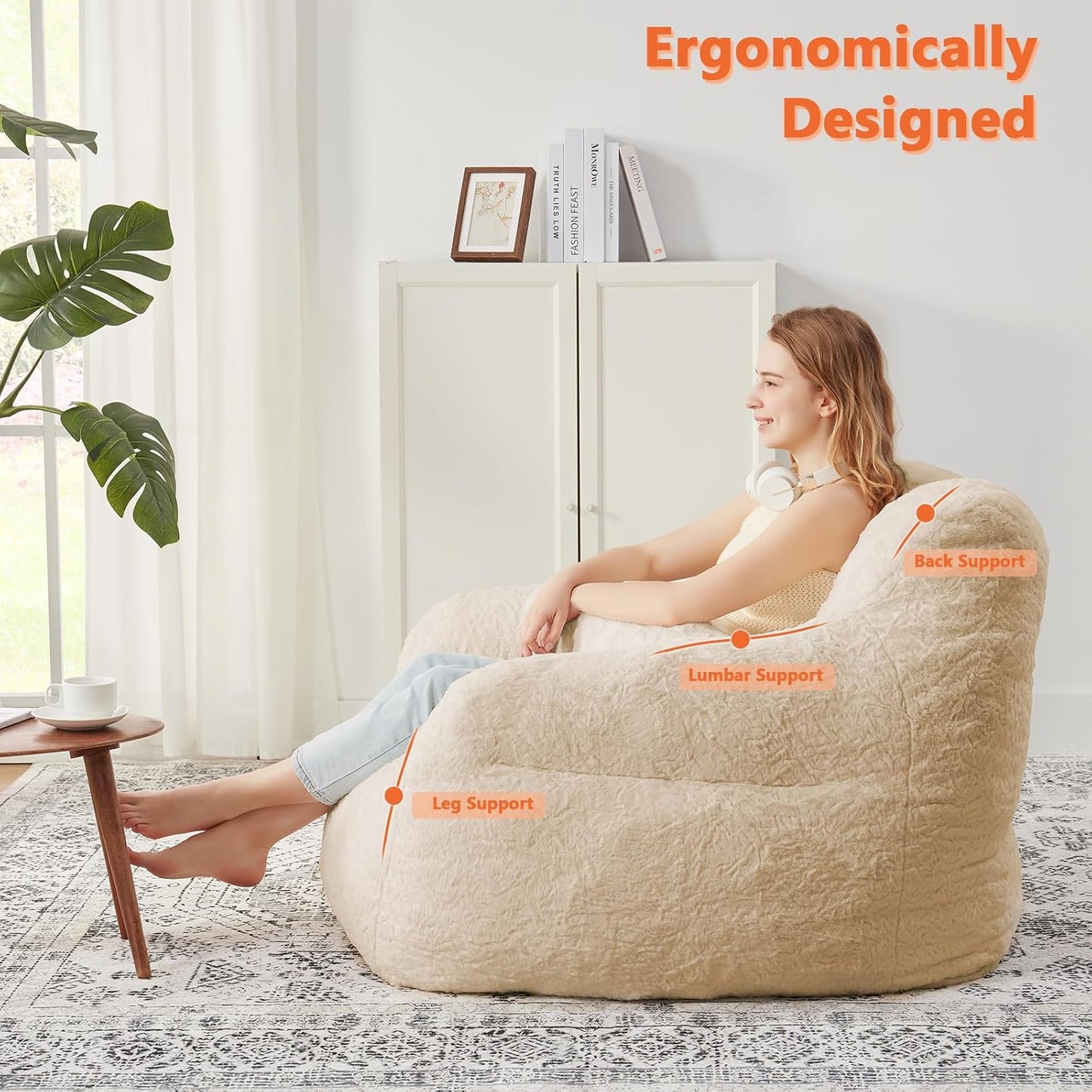 Bean Bag Chair for Adults with Pillow,Oversized Bean Bag Couch for Adults Chairs,Giant Lazy Couch Sofa Chairs with Filler,Large Reading Chair for Living Room Bedroom,Apricot
