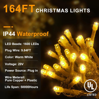 KNONEW 164FT 1600 LED Christmas Lights Outdoor Decoration with 320 Drops Timer 8 Modes Hanging Lights Plug in Waterproof Indoor Decor for Holiday Wedding Party Window (Warm White)