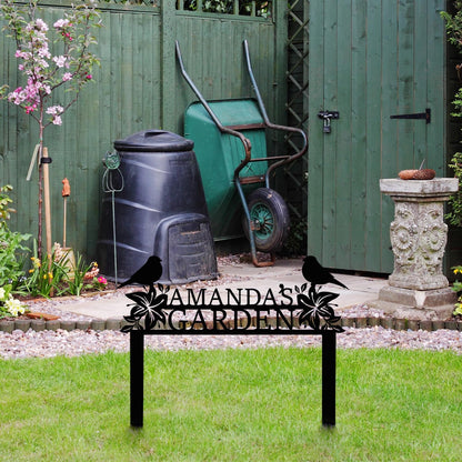 Personalized Metal Garden Name Sign with Flowers and Birds, Custom Yard Sign with Stake