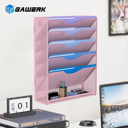 6 Tier Hanging File Organizer, Mesh Wall File Holder Paper Folder Rack with Bottom Flat Tray for Office Home, Pink