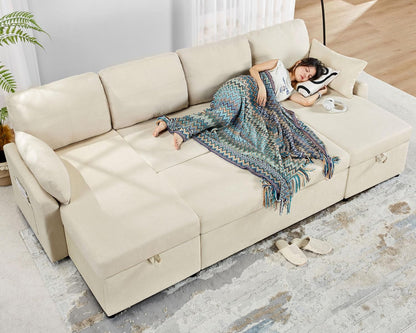 VanAcc Sleeper Sofa, 110 inch Oversize - 2 in 1 Pull Out Bed, Sectional Sleeper Sofa with Double Storage Chaise for Living Room, Beige Chenille Couch