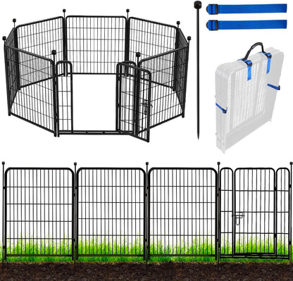 ADAVIN Tall Garden Fence with Gate, 48 in(H) 8 Panels Heavy Duty Iron Metal Animal Barrier Fence, Indoor Dog Playpen, Temporary Fencing, Dog Fence Outdoor for Yard, Total17.7 Ft(L), Black