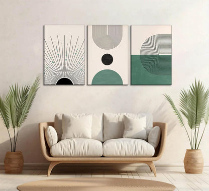 3 Pcs Sage Green Boho Canvas Wall Art Modern Abstract Minimalist Neutral Bohemian Sun Geometric Line Painting Picture Wall Decor Poster Print Artwork for Living Room Bedroom Home Decoration