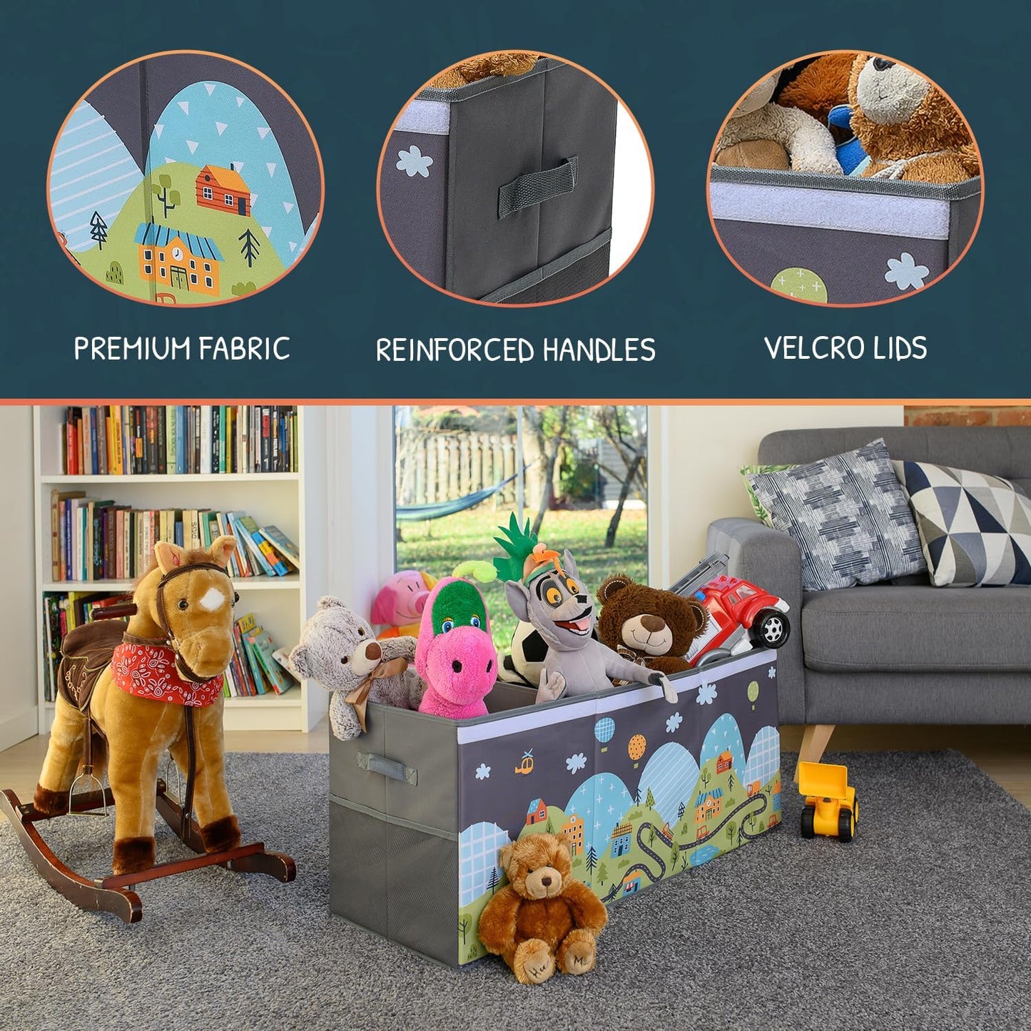 Extra Large Toy Storage Organizer with Lid - Sturdy, Collapsible Toy Chest Storage Box with Cute Design - Toys Bin with Dividers for Kids, Boys, Girls, Nursery, Bedroom, Play room 37"x16"x14"