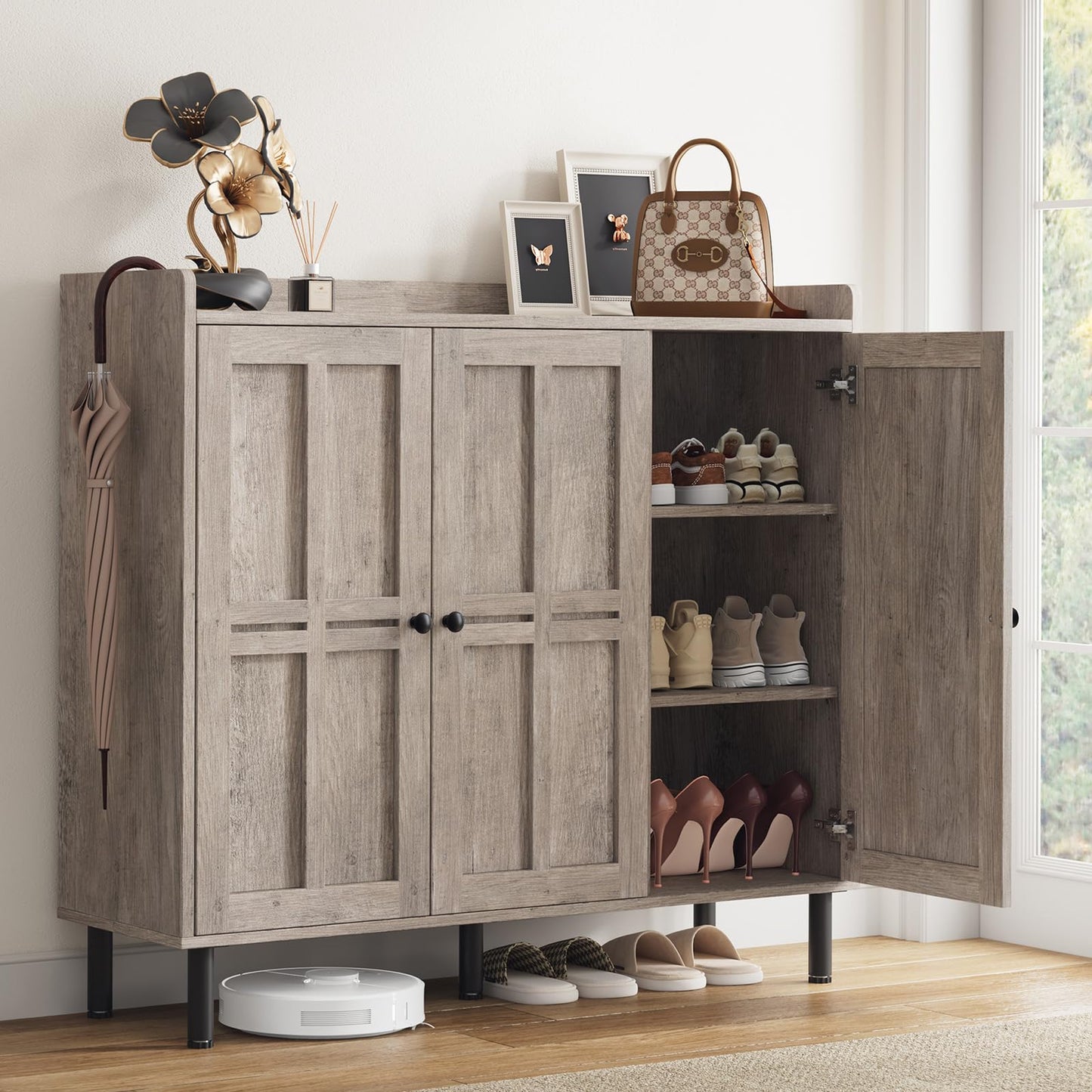 ComfyCorner Shoe Cabinet with 3 Doors, Shoe Rack for Entryway, Washed Gray