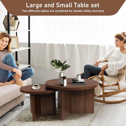 Round Nesting Coffee Tables Set of 2, Modern Stacking Table with Wood Grain Finish, End Table Side Tables for Living Room (Walnut)