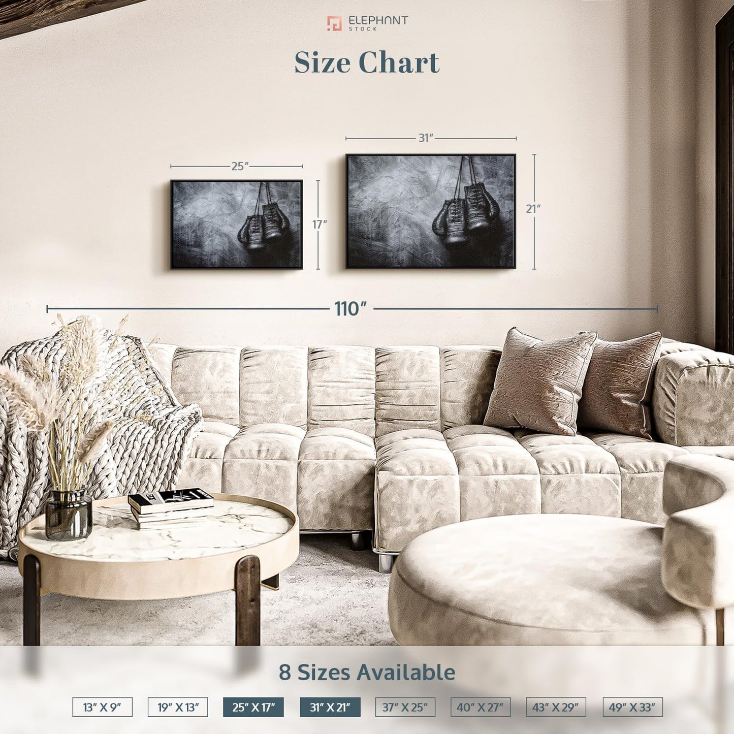 ElephantStock Boxing Gloves Wall Art - Horizontal Framed Canvas - 1-Piece Living Room Wall Decor - Photography Sports Canvas Print - Black and Gray Decor for Wall - 25" X 17"