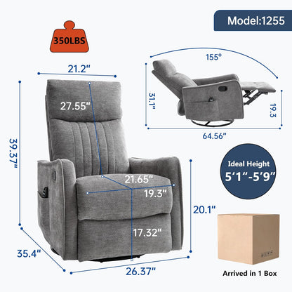 Manual Swivel Rocker Recliner Chair for Adults, Overstuffed Reclining Glider Chair for Nursing with Vibration Massage & Heat, Living Room Rocking Recliner 2-Stage backrest, Chenille Fabric Dark Gray