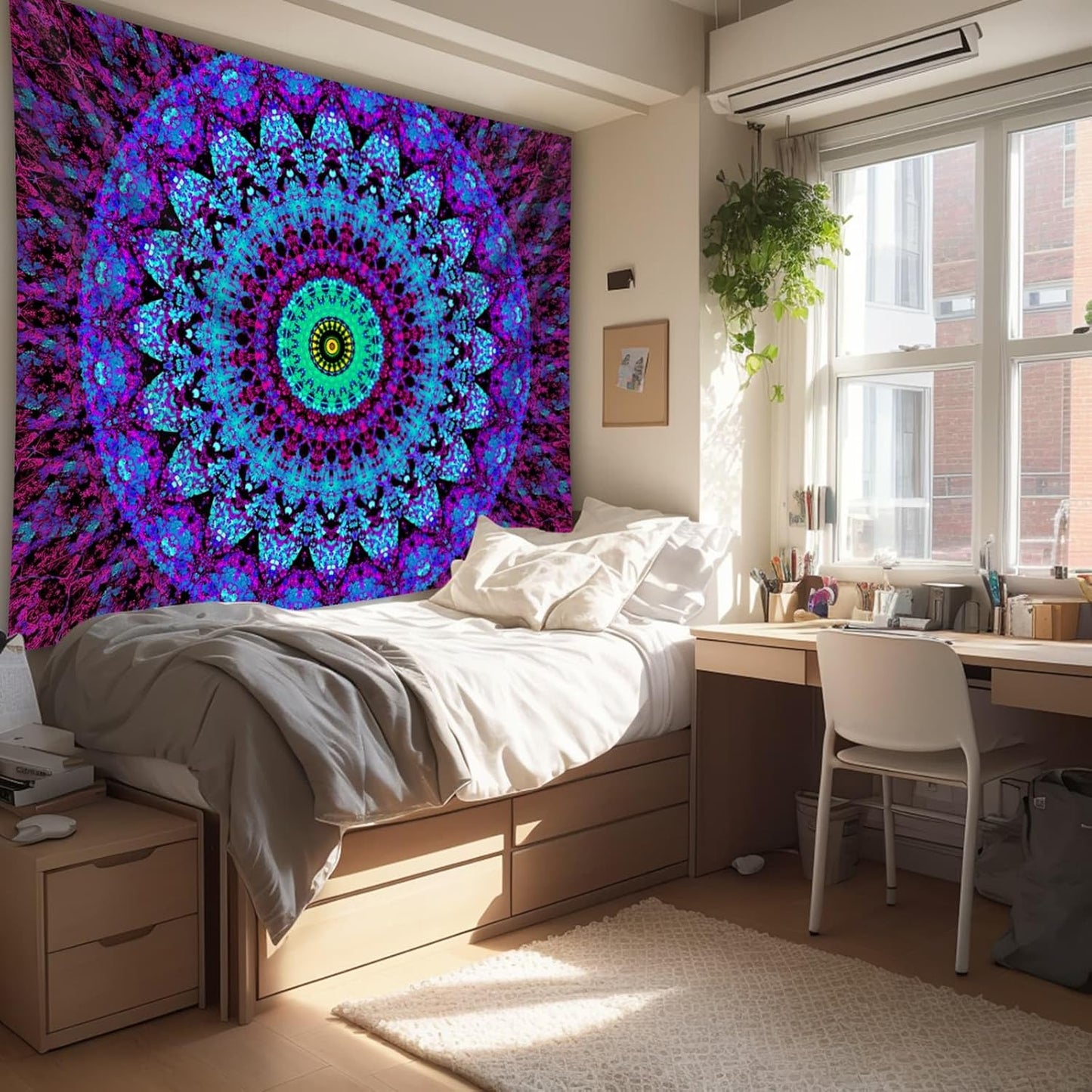 Blacklight Mandala Boho Tapestry, Black Light Bohemian Hippie Poster for Adults and Teens, UV Reactive Aesthetic Wall Art Decor for Bedroom (40 x 30 Inches)