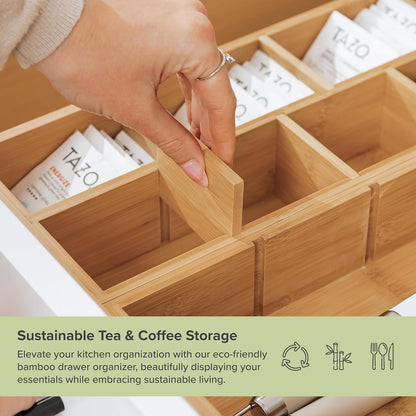 Premium Tea Bags and Coffee Pods Drawer Organizer – Small 9-Compartment Design with Removable Wall Inserts, Non-Slip Feet, 100% Sustainable Bamboo