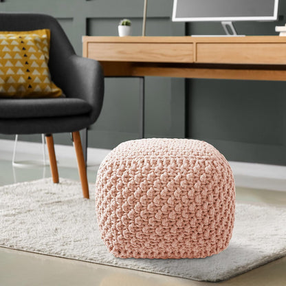Casafield Square Pouf Ottoman, Light Pink 18.5" W x 18.5" D x 14.5" H Cotton Knit Foot Stool - Boho Floor Pouffe for Living Room, Bedroom, Home Office