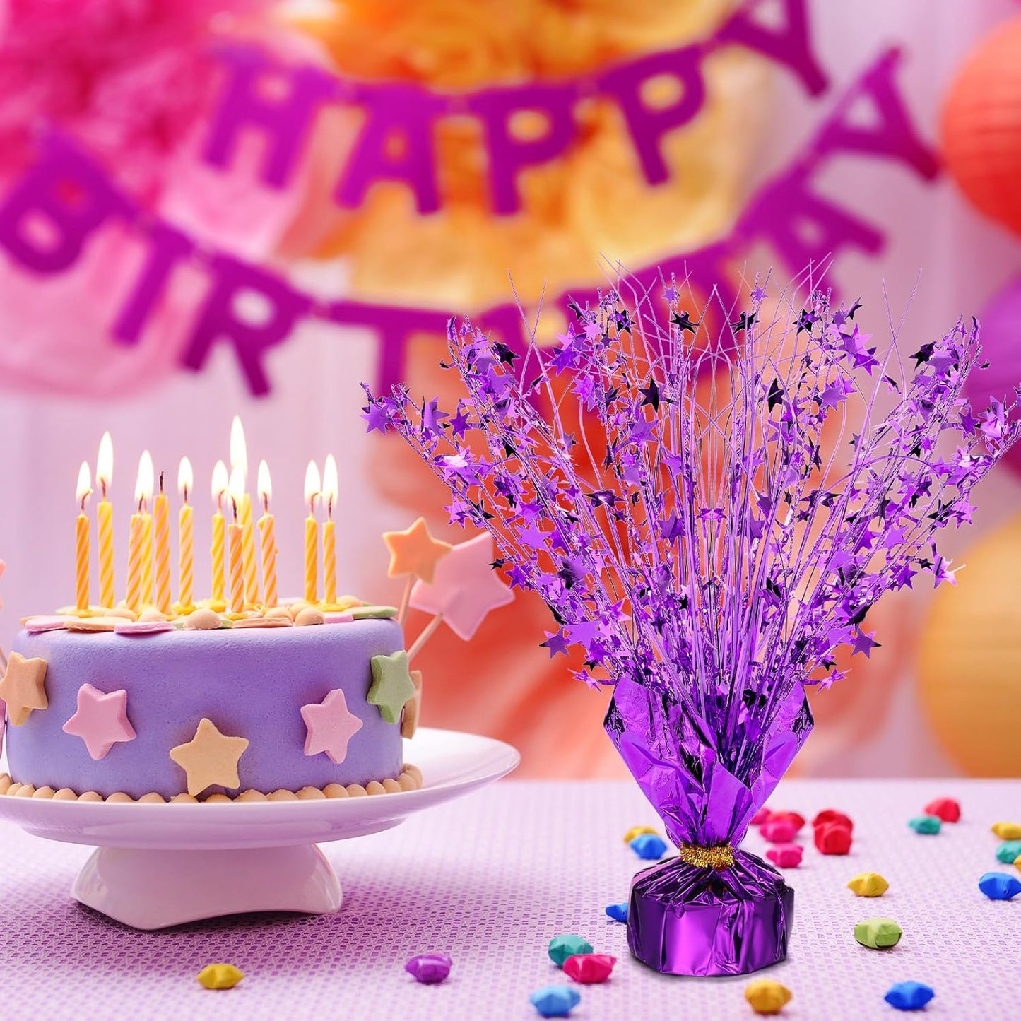 Crowye 18 Pieces Metallic Foil Spray Centerpiece Party Star Table Decoration Burst Metallic Table Centerpieces for Birthday Party Season Holiday(Purple)