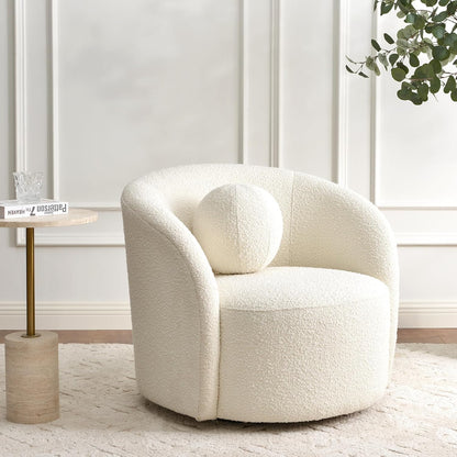 KINWELL Sherpa Swivel Barrel Chair & Round Ball Pillow Set - 34" Wide Modern Boucle Accent Chair with 9” Matching Nordic Decorative Throw Pillow for Living Room and Bedroom(Cream)
