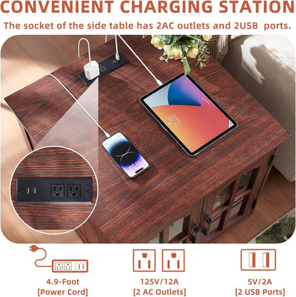 Farmhouse End Table with Charging Station,24" Large Sofa Side Table with Glass Barn Door,Rustic Wood Night Stand with Adjustable Storage Shelf,Square Bedside Table for Living Room,Bedroom Office