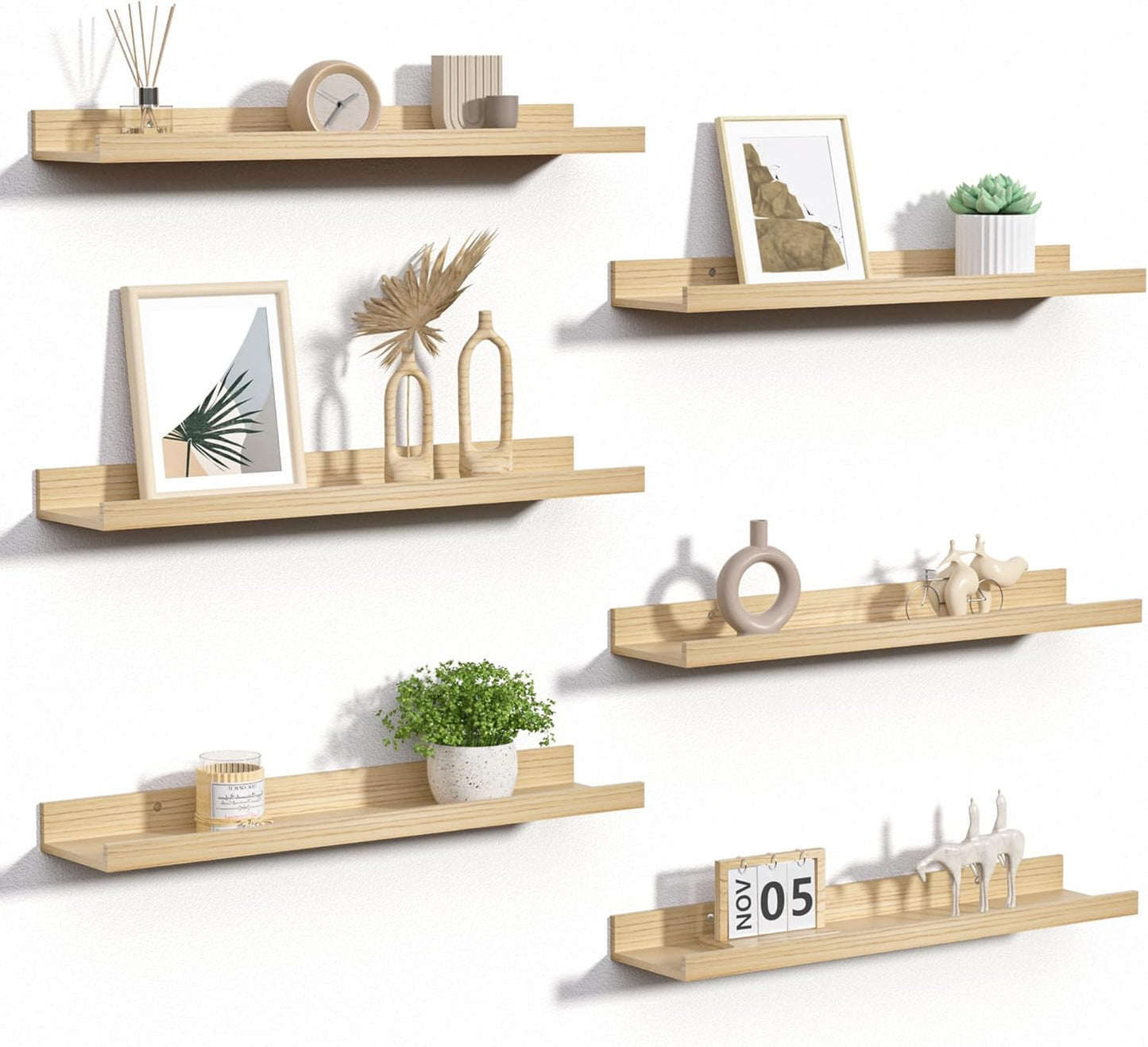 upsimples Floating Shelves for Wall, Wood Mounted Shelf Decor Storage Set of 6, for Bedroom, Living Room, Bathroom, Kitchen, 23.6 inch Long Picture Ledge, Natural