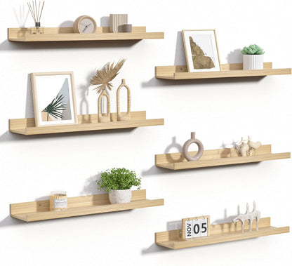 upsimples Floating Shelves for Wall, Wood Mounted Shelf Decor Storage Set of 6, for Bedroom, Living Room, Bathroom, Kitchen, 23.6 inch Long Picture Ledge, Natural