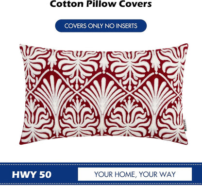 HWY 50 Burgundy Red Decorative Lumbar Pillow Cover Rectangle 12x20 Inch (1 Piece), Embroidered Cotton Farmhouse Cushion Cover Pillow Case for Sofa Couch Living Room Bed, Minimalist Floral