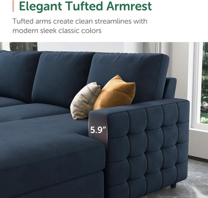 HONBAY Sectional Sleeper Sofa with Pull Out Bed U-Shape Sectional Couch Sleeper Bed with Storage Chaise Lounge Living Room 6 Seater Sectional Sofa Bed,Velvet Dark Blue