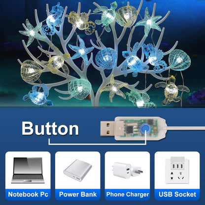 Ocean Theme String Lights Indoor Nautical Décor-USB or Battery Operated 10ft 30 LED Sea Horse Starfish Shell Décor- Twinkle Fairy Lights for Bedroom Patio Beach Wreath Christmas Decoration
