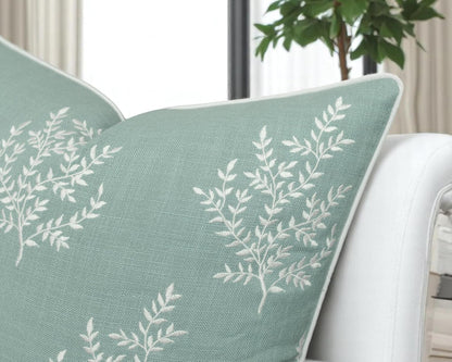 VAGMINE Embroidered Leaves Throw Pillow Cover - 20x20 Inches Square - 100% Cotton Light Teal Cushion Cover - Elegant Leaf Embroidery - Soft Boho Accent for Sofa, Lounge, Contemporary Décor