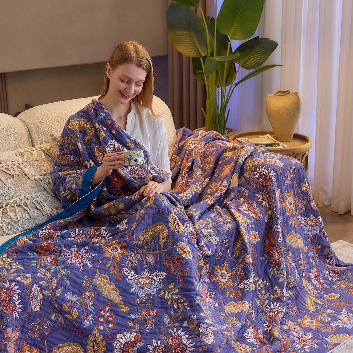 Boho Blanket, 100% Cotton Farmhouse Decorative Throw Blanket, 80"x90" Reversible Bohemian Throw Blanket, Purple All Season Muslin Breathable Woven Blankets Quilt