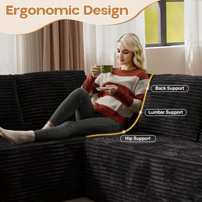 Cloud Sectional Couches for Living Room,G Shaped Modular Sofas No Assembly,135x133 Inches Plush Corduroy Oversized Floor Couch Set with Deep Seat Chaise,Black