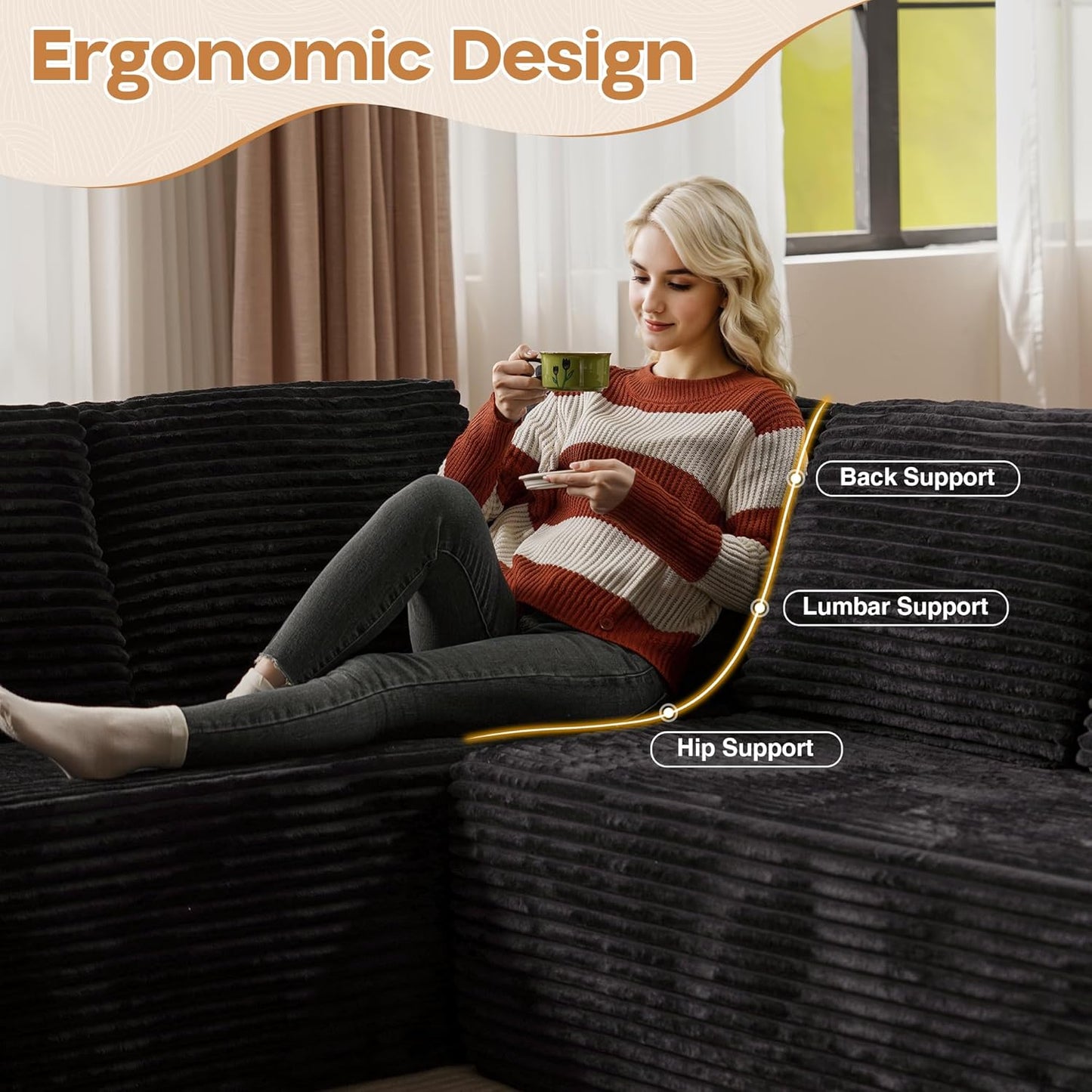 Cloud Sectional Couches for Living Room,U Shaped Modular Sofas No Assembly,135x79 Inches Plush Corduroy Oversized Floor Couch Set with Deep Seat Chaise,Black