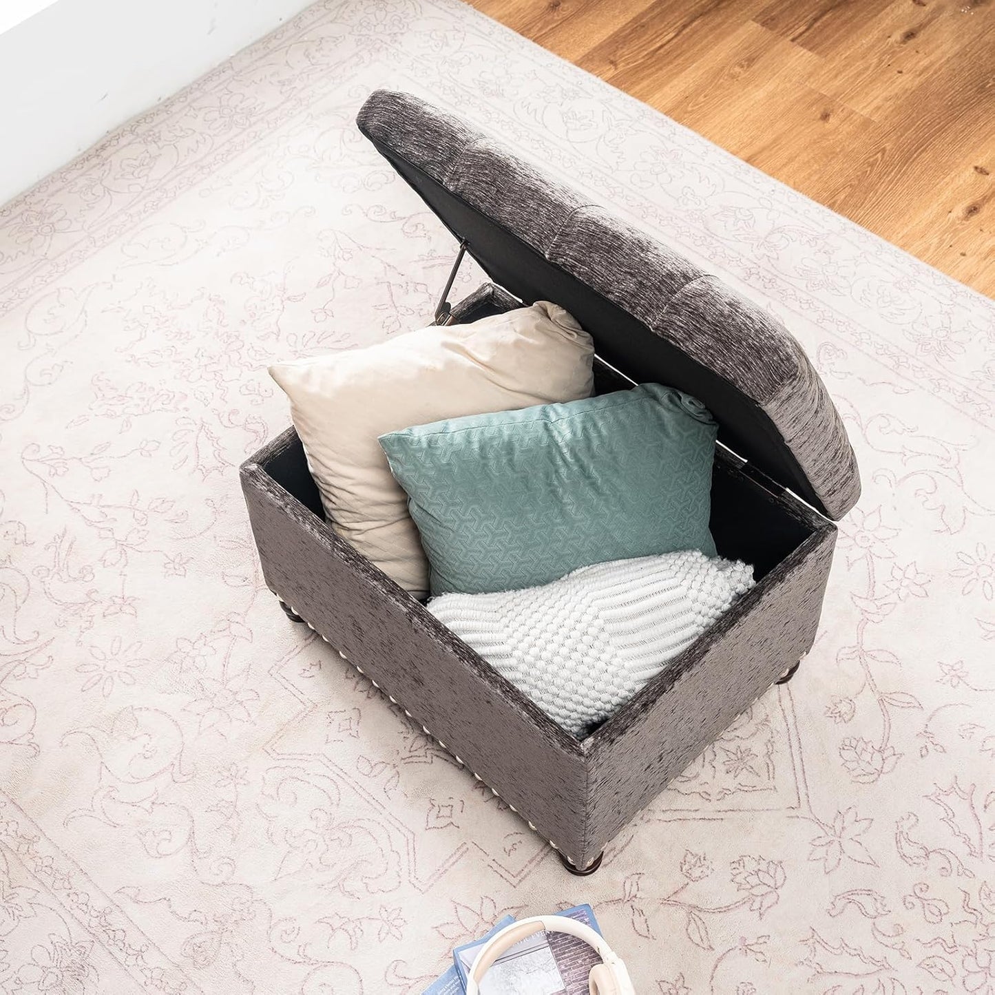 Joveco Storage Ottoman Bench, Rectangle 24" Velvet Foot Rest Stool Square Footstool for Living Room, Bedroom, Charcoal Grey