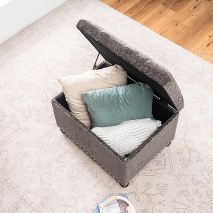 Joveco Storage Ottoman Bench, Rectangle 24" Velvet Foot Rest Stool Square Footstool for Living Room, Bedroom, Charcoal Grey