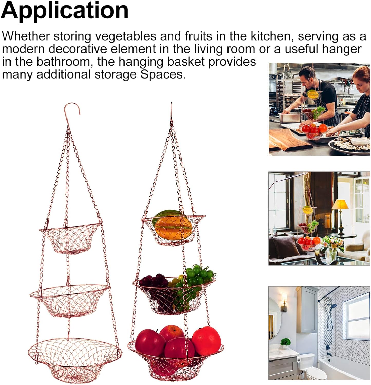 Yardwe 3 Tier Hanging Fruit Baskets Copper Wire Basket Fruit Vegetable Kitchen Storage Organizer Rustic Country Decor Round Metal Copper