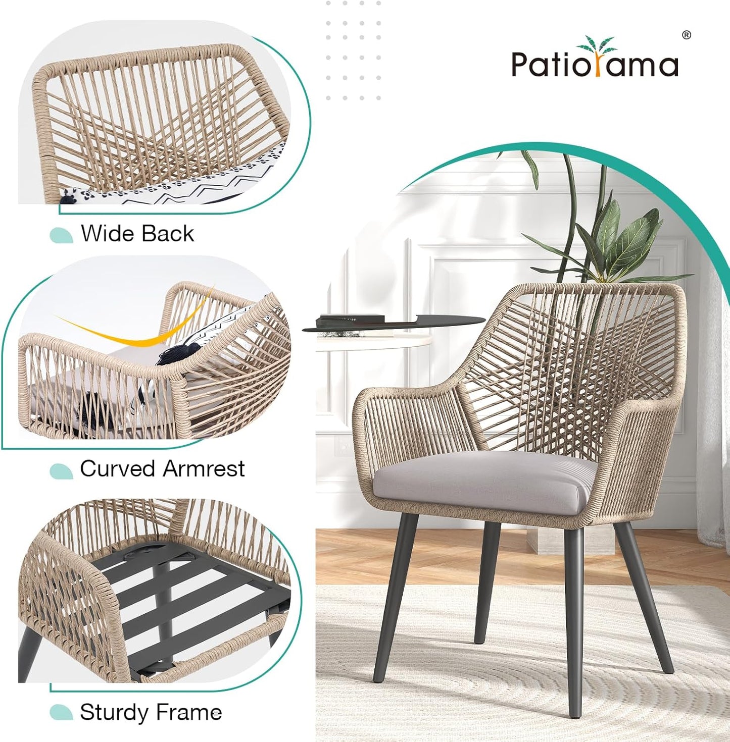 Patiorama Patio Dining Chair Set of 6, Woven Rope Outdoor Dining Chair w/Steel Frame, All-Weather Twisted Rattan Chairs w/Armrest & Cushion, Outdoor Dining Wicker Chairs for Backyard Garden(Beige)