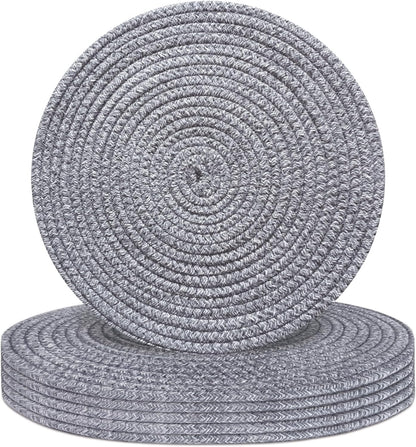 Round Placemats Set of 6, Cotton Rope Woven Table Mats, Hot Pads for Kitchen, Non Slip Heat Resistant Place Mats, 13 Inches Braided Placemat for Farmhouse Decor and Kitchen Table Decor (Gray)
