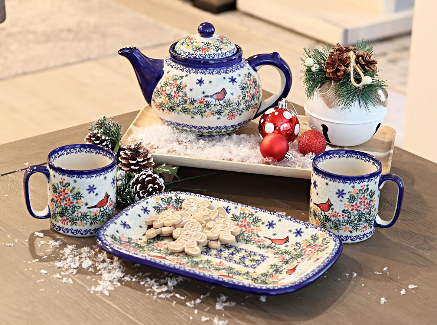 Blue Rose Polish Pottery Winter Cardinal Medium Rectangular Serving Platter