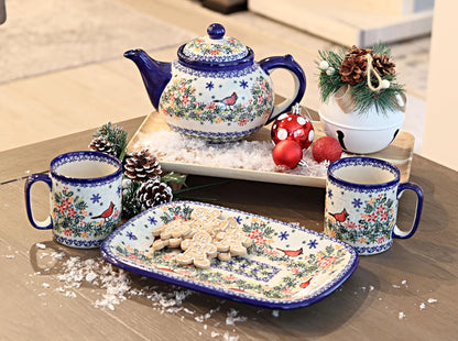 Blue Rose Polish Pottery Winter Cardinal Medium Rectangular Serving Platter