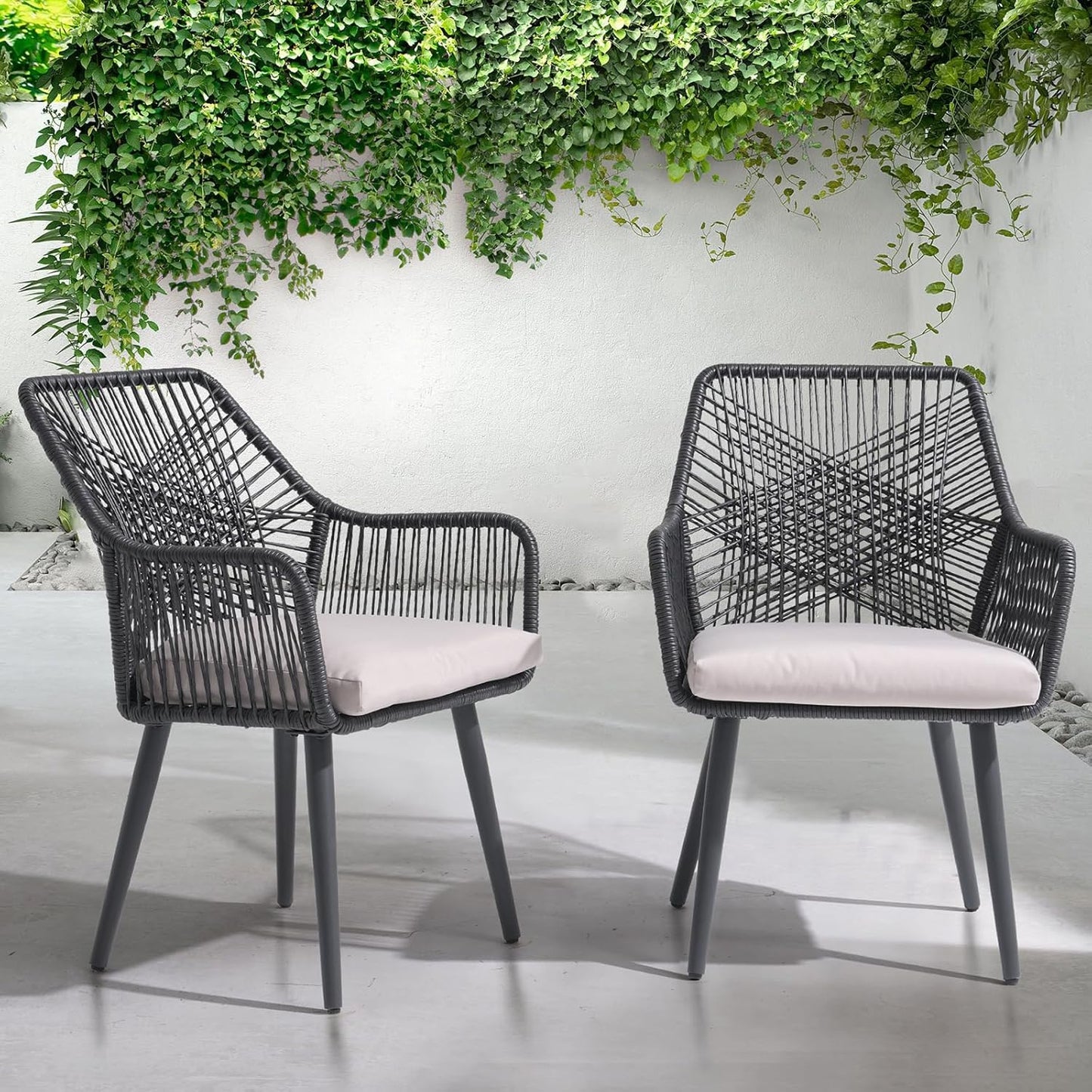 Patiorama Patio Dining Chair Set of 2, Woven Rope Outdoor Dining Chairs w/Steel Frame, All-Weather Twisted Rattan Chairs w/Armrest & Cushion, Outdoor Dining Wicker Chairs for Backyard Garden(Black)