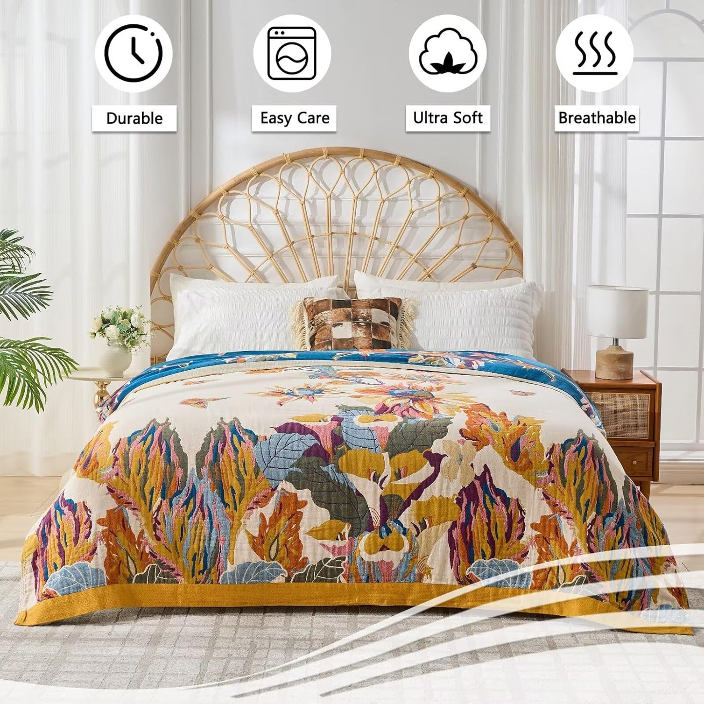 Boho Throw Blanket for Bed, Sofa,Cozy Warm Lightweight Fall Throw Blankets,100% Woven Cotton Southwestern Farmhouse Floral Decor Reversible Blanket, Chair, Picnic Blanket, 50"x60"