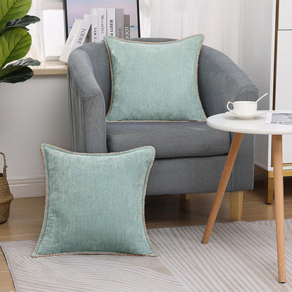 decorUhome Chenille Soft Throw Pillow Covers 26x26 Set of 2, Farmhouse Velvet Neutral Decorative Euro Pillow Covers with Stitched Edge for Couch Sofa Bed Home Decor, Aqua Haze