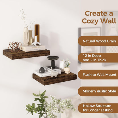 12 Inch Deep Floating Shelves, 16 x 12 Floating Shelf for Books, Rustic Wood Deep Wall Shelves for Home Storage & Display, 2" Thicked Shelves for Kitchen, Living Room, Bedroom, Rustic Brown, 2 Pack