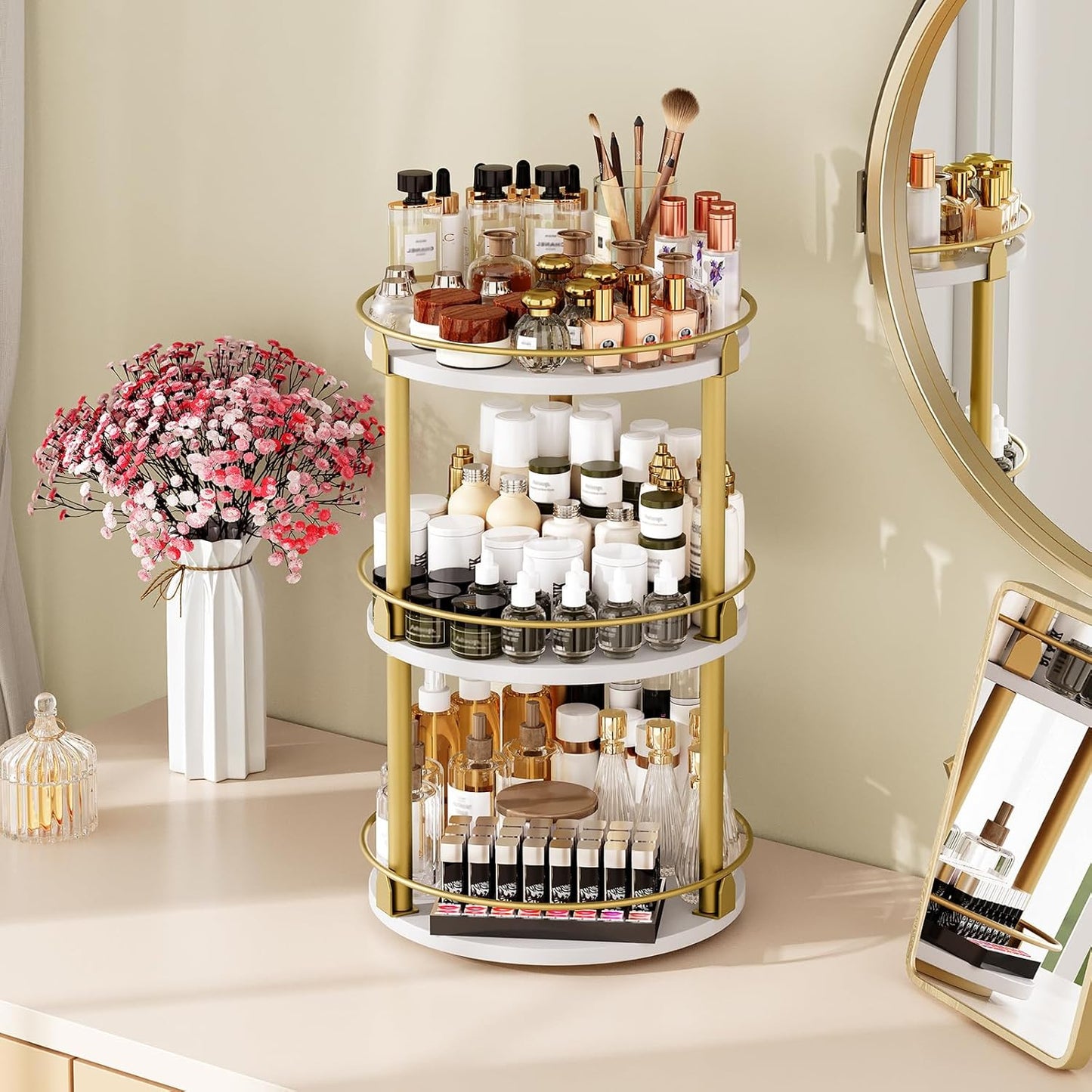 3-Tier Lazy Susan, Rotating Spice Rack, Spinning Organizer, Industrial Turntable Spice Rack for Cabinet, Kitchen Countertop, Pantry, White and Gold SR23DW