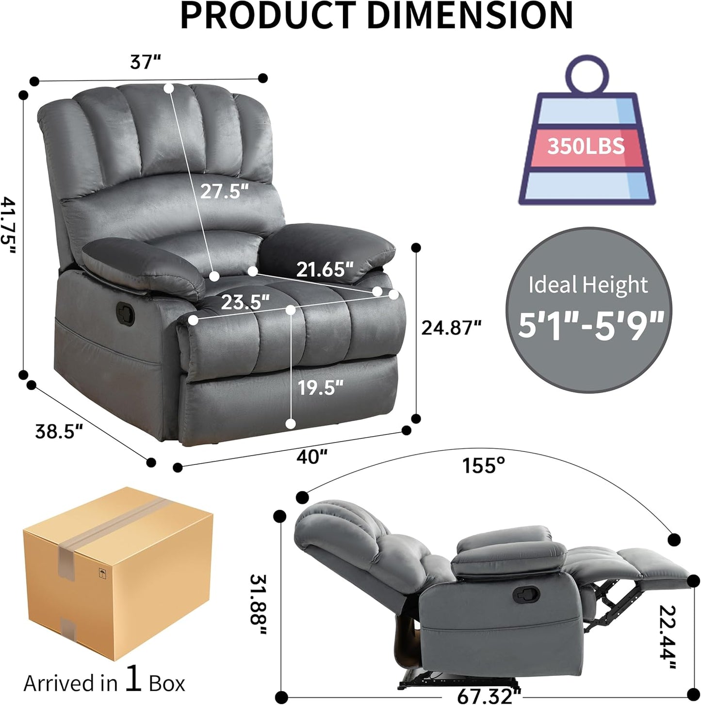 Luxlen Manual Recliner Chair, Reclining Chair with Overstuffed Armrest and Backrest, Living Room Single Sofa Recliners,Light Grey