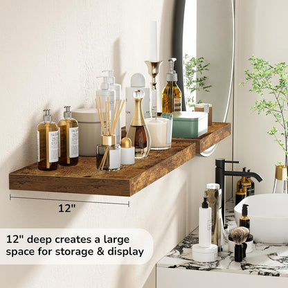 Fun Memories Floating Shelves - 2 Pack 12 Inch Deep Rustic Wooden Wall Shelves - Extra Deeper & Thicker Wall Mounted Storage Shelf for Living Room, Kitchen, Farmhouse - 24" W x 12" D x 1.5" H - Brown