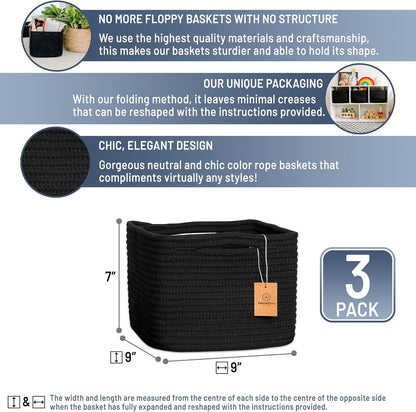 NaturalCozy Storage Cubes 9”x9”x7”Cotton Rope Woven Baskets for Organizing 3-Pack | 9 Inch Cube Storage Bin | Small Basket for Shelf Nursery, Pantry, Decorative Plant, Bathroom Closet, Toy Gift