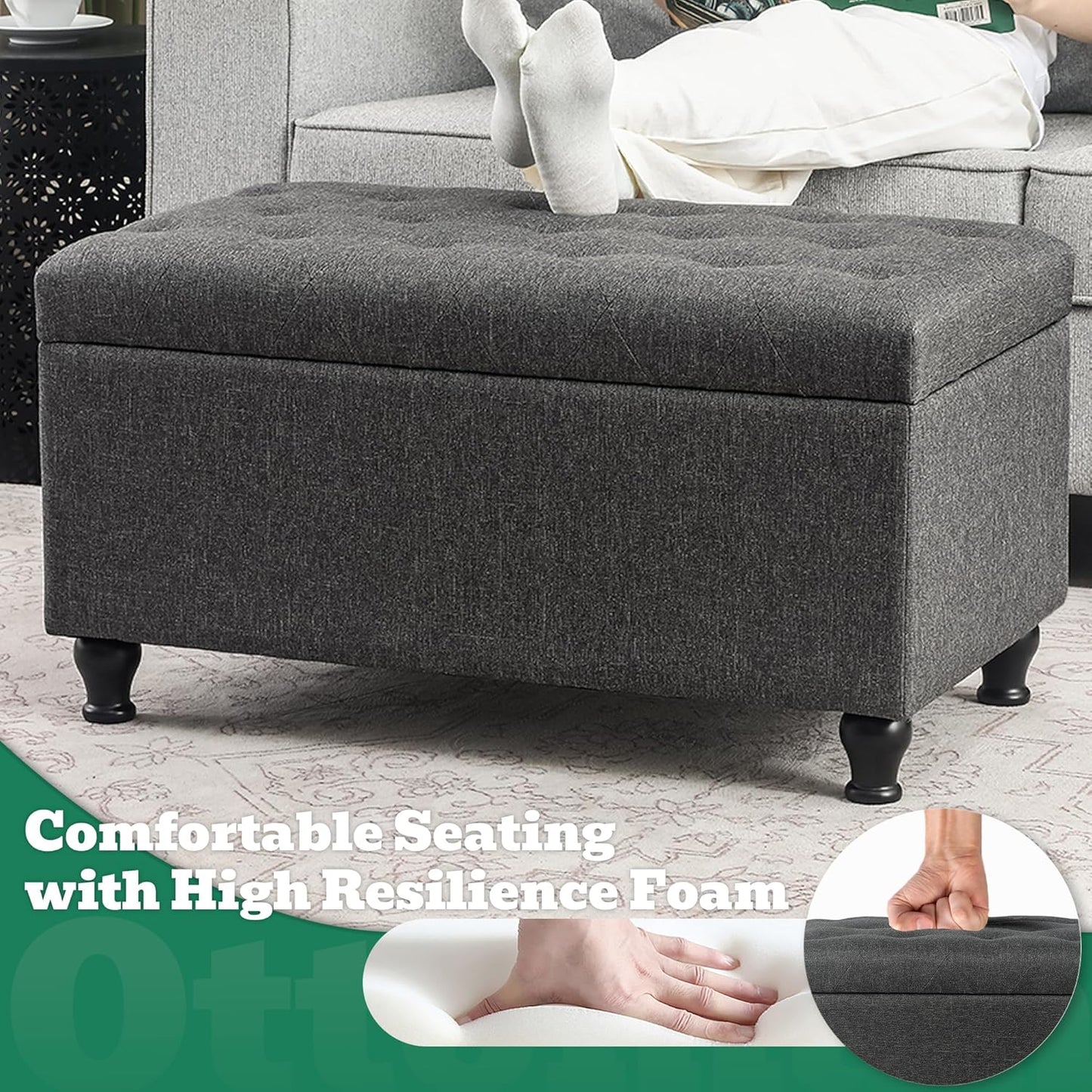 Ottoman with Storage 32'' Ottoman Storage Bench Linen Fabric Ottomans Footstools Upholstered Foot Rest Stool for Couch, Living Room, Bedroom, Entrance Shoe Bench Dark Gray