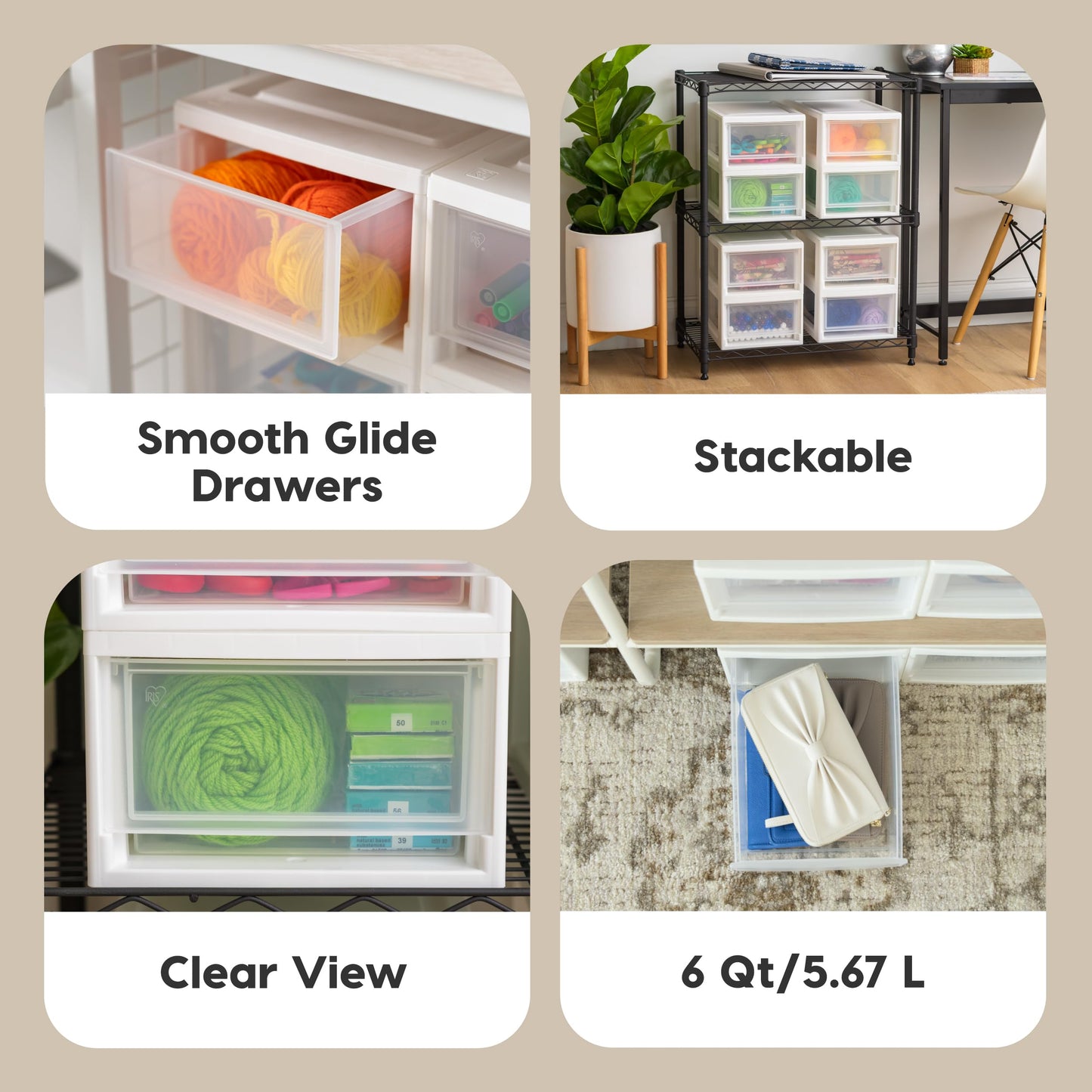 IRIS USA 8-Pack, 6 Qt. Small Stacking Drawer Storage Organizer, White
