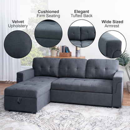 Naomi Home Transform Any Space: Sleeper Sectional Sofa with Convertible Sofa Bed & Inviting Chaise. Find Tranquil Comfort with Stress-Relieving Design & Durable Cushions - Dark Gray/Velvet