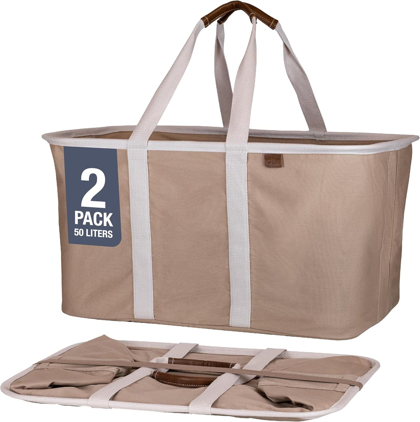 CleverMade Collapsible Laundry Tote - LUXE Mocha 2-Pack 50L - Foldable Storage Organization Container for Clothes Laundry Room Storage Solution