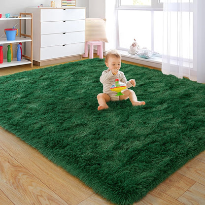 Rezutan 5x7 Feet Shaggy Area Rug - Super Soft Plush Fuzzy Modern Living Room Bedroom Rug for Kids, Non-Slip Nursery Classroom Home Decor, Dark Green